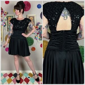 Vintage 1970s Black Sequins Ruched Open Back Disco Minidress